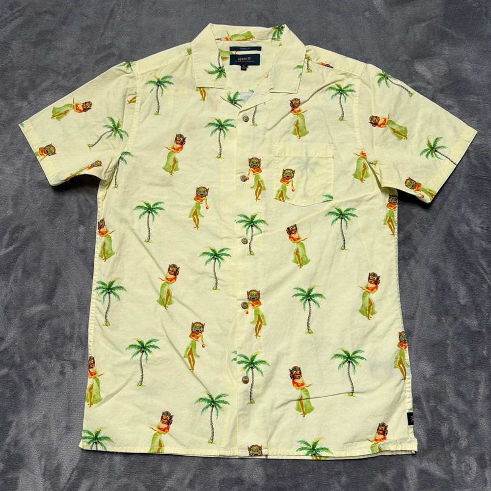 Roark Button Down Shirt Mens M Yellow Hula Hawaiian Palm Tree Tropical Casual